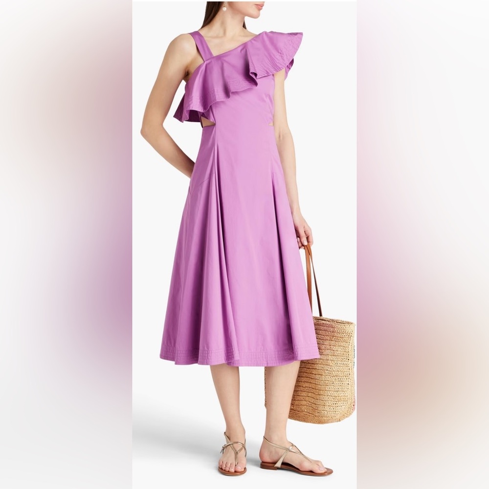 Veronica Beard Cotton Poplin A-Line One-Shoulder Cut-Out Midi Dress, Size 14